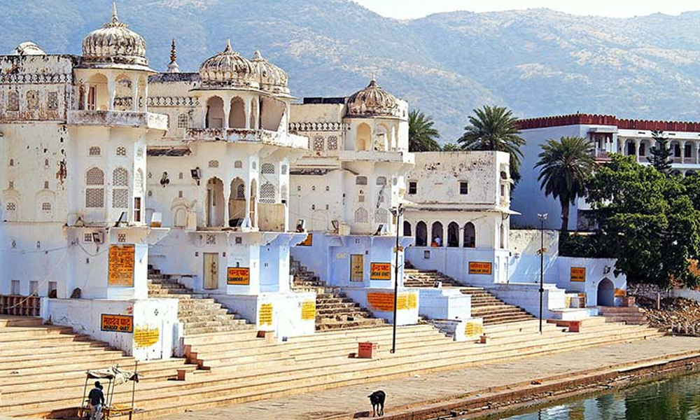 Pushkar sacred lake with ghats and temples at the holy pilgrimage town